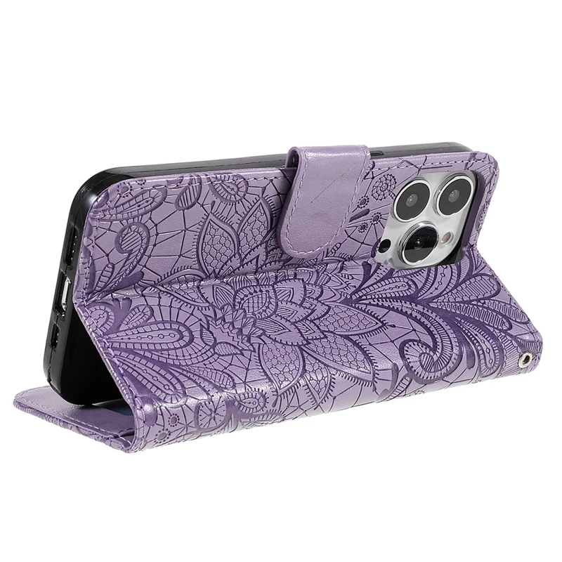 For iPhone 15 Pro Max Case Lace Flowers PU Leather Flip Wallet Phone Cover - Purple