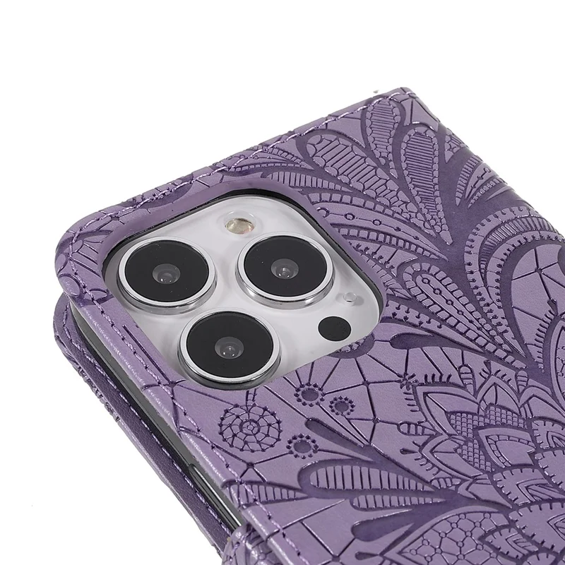 For iPhone 15 Pro Max Case Lace Flowers PU Leather Flip Wallet Phone Cover - Purple