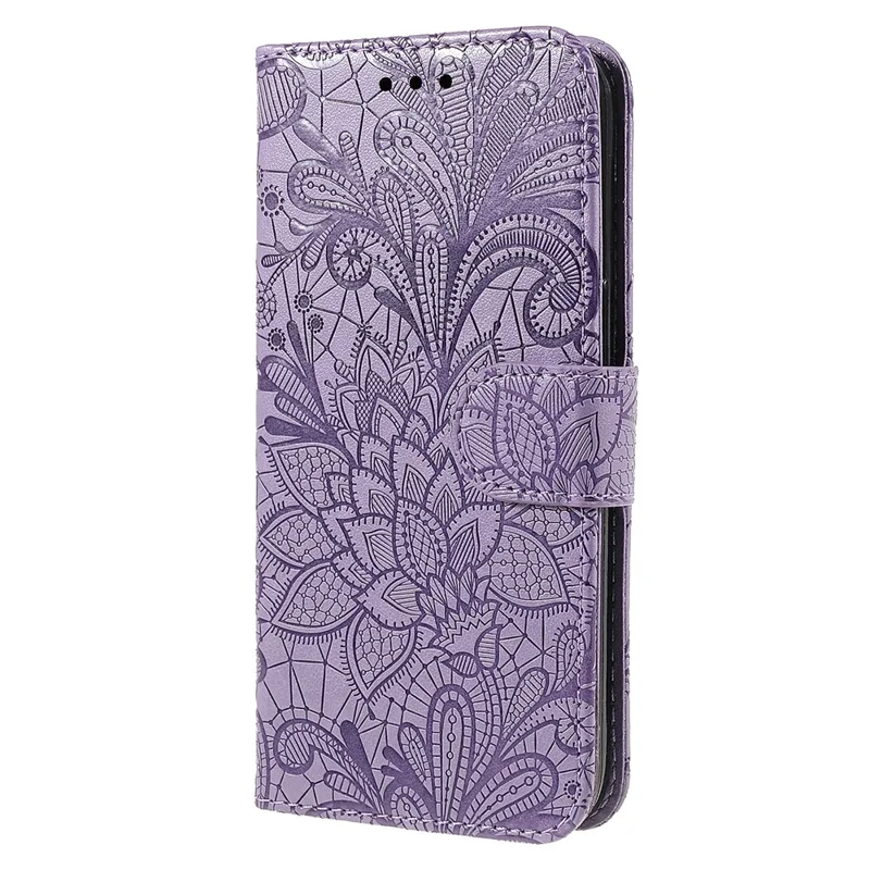 For iPhone 15 Pro Max Case Lace Flowers PU Leather Flip Wallet Phone Cover - Purple