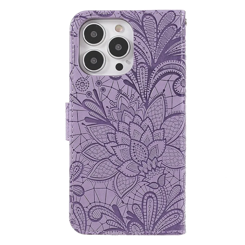 For iPhone 15 Pro Max Case Lace Flowers PU Leather Flip Wallet Phone Cover - Purple