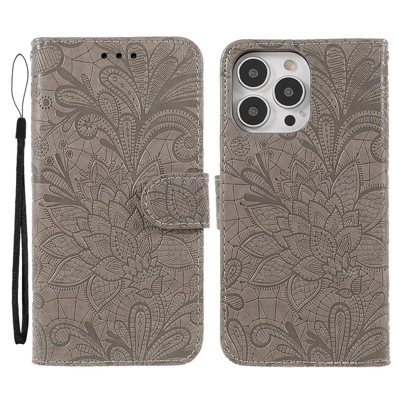 For iPhone 14 Pro Case Lace Flowers PU Leather Flip Wallet Phone Cover - Grey