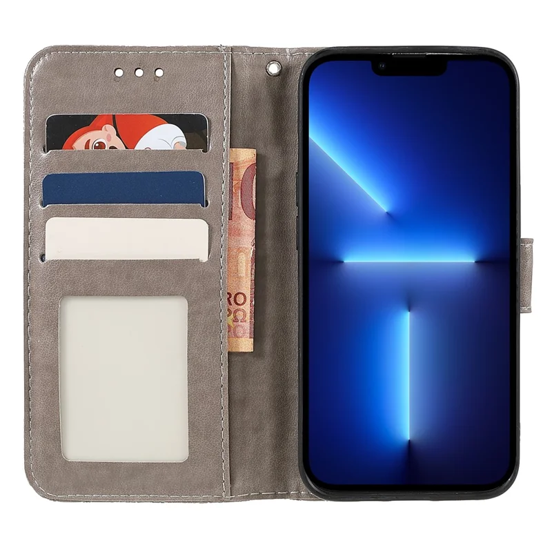 For iPhone 14 Pro Case Lace Flowers PU Leather Flip Wallet Phone Cover - Grey