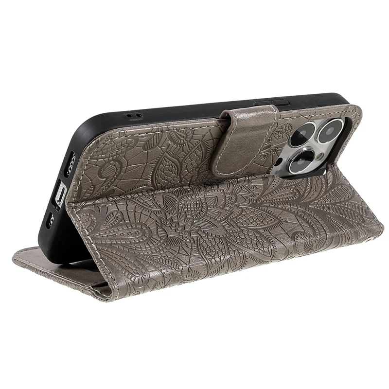 For iPhone 14 Pro Case Lace Flowers PU Leather Flip Wallet Phone Cover - Grey
