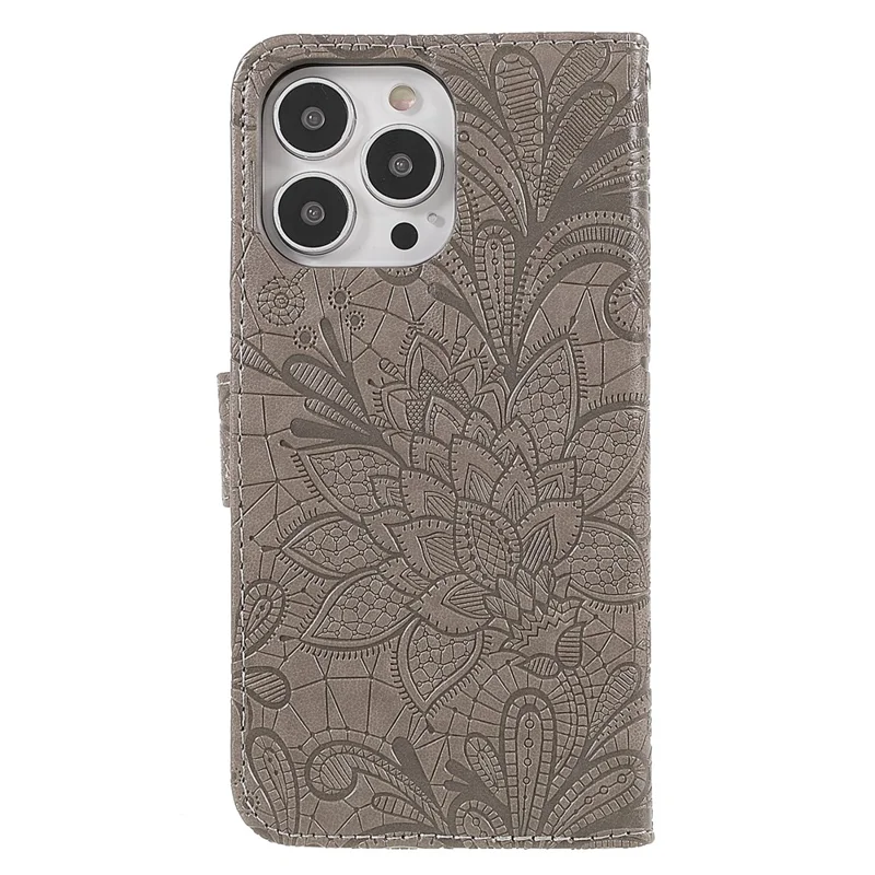 For iPhone 14 Pro Case Lace Flowers PU Leather Flip Wallet Phone Cover - Grey
