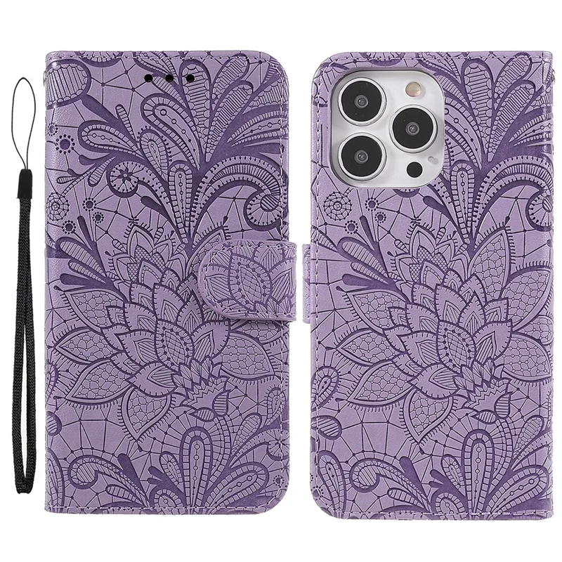 For iPhone 14 Pro Case Lace Flowers PU Leather Flip Wallet Phone Cover - Purple