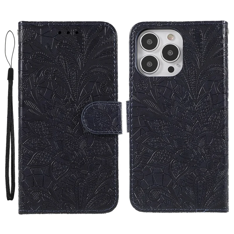For iPhone 14 Pro Max Case Lace Flowers PU Leather Flip Wallet Phone Cover - Dark Blue
