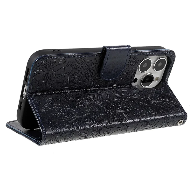 For iPhone 14 Pro Max Case Lace Flowers PU Leather Flip Wallet Phone Cover - Dark Blue