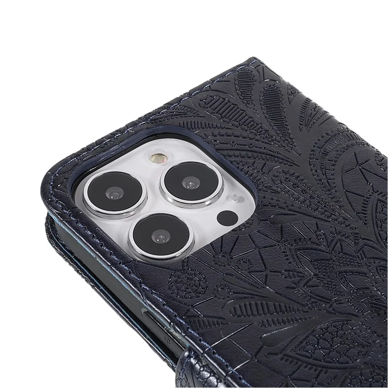 For iPhone 14 Pro Max Case Lace Flowers PU Leather Flip Wallet Phone Cover - Dark Blue