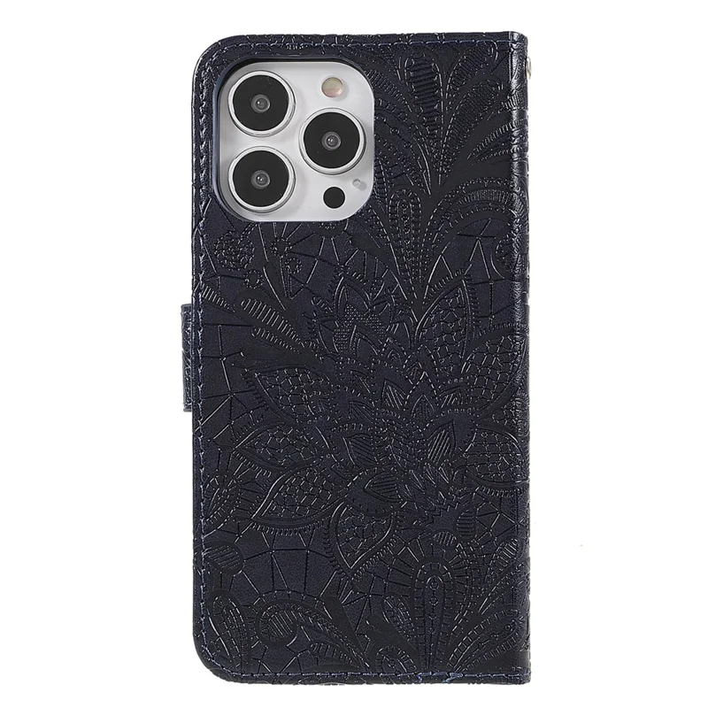 For iPhone 14 Pro Max Case Lace Flowers PU Leather Flip Wallet Phone Cover - Dark Blue