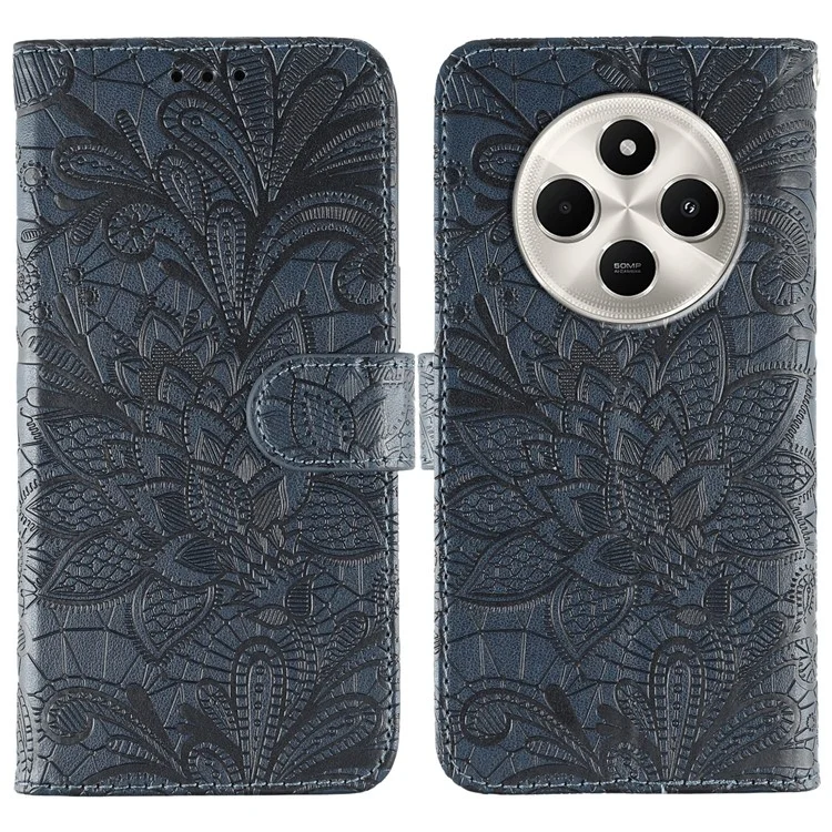 Para Xiaomi Redmi 14C 4G / 14C 5G / 14R 5G / A3 Pro 4G / A4 5G / Poco C75 4G Capa de Couro Sintético com Renda e Flores, Carteira Flip para Celular - Azul Escuro
