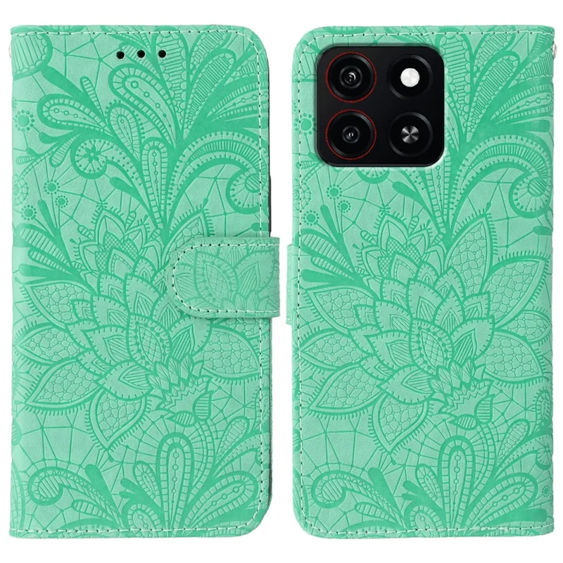 For ZTE Blade A35 Case Lace Flowers PU Leather Flip Wallet Phone Cover - Green