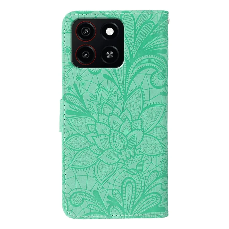For ZTE Blade A35 Case Lace Flowers PU Leather Flip Wallet Phone Cover - Green