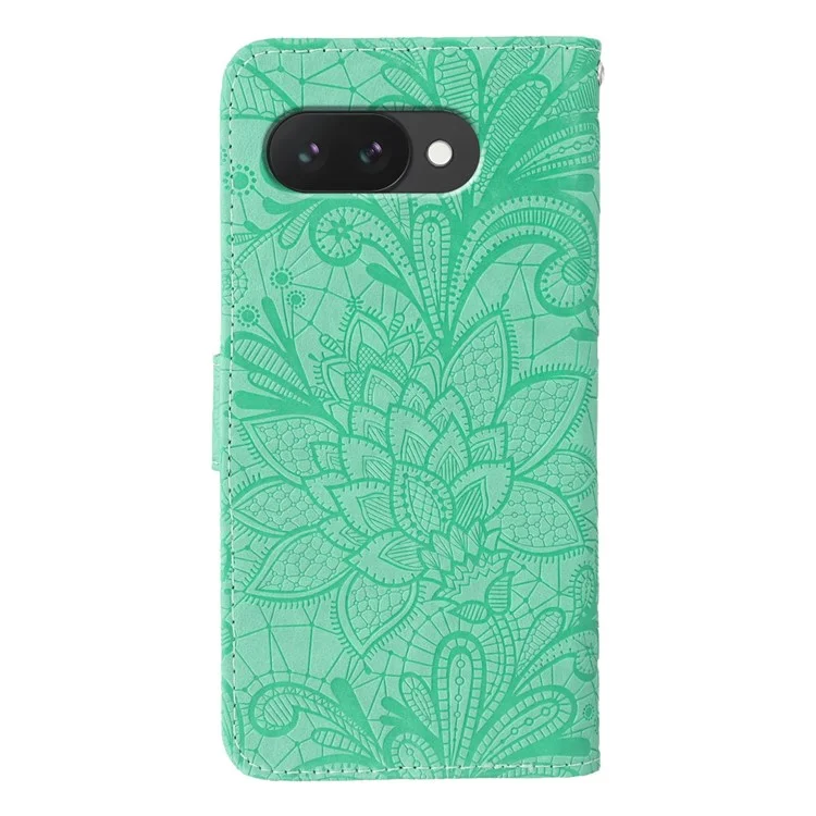For Google Pixel 9a Case Lace Flowers PU Leather Flip Wallet Phone Cover - Green