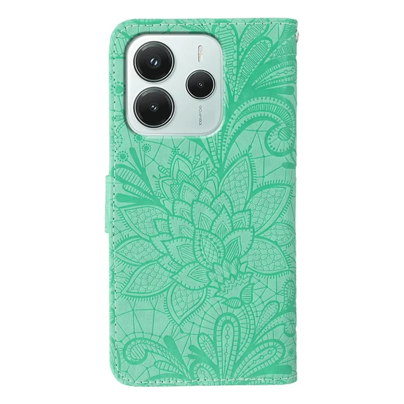 For Xiaomi Redmi Note 14 5G  /  Poco M7 Pro 5G Case Lace Flowers PU Leather Flip Wallet Phone Cover - Green