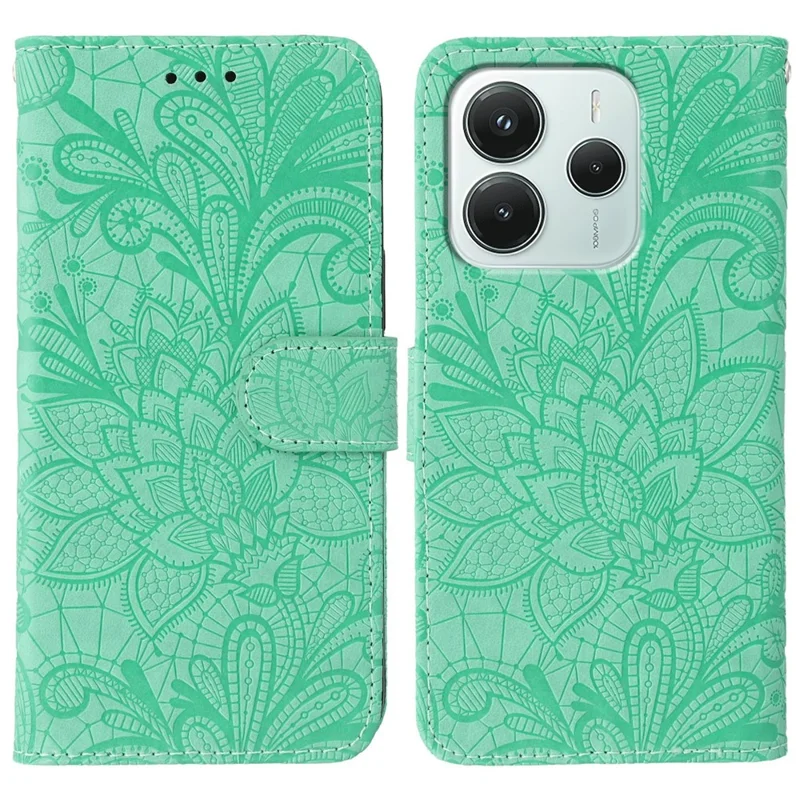 For Xiaomi Redmi Note 14 4G (164.84mm) Case Lace Flowers PU Leather Flip Wallet Phone Cover - Green