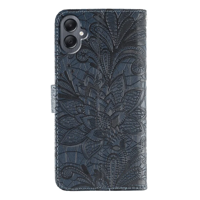 Capa para Samsung Galaxy A06 4G com Flores de Renda em Couro PU, Carteira Flip, Capa de Telefone - Azul Escuro