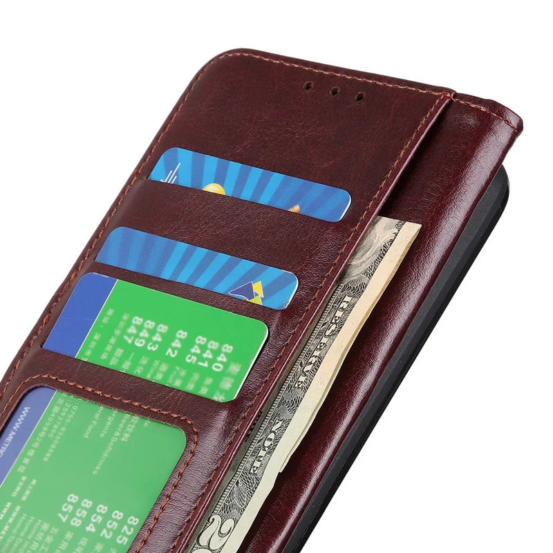For Xiaomi Redmi Note 14S 4G Case Crazy Horse Texture PU Leather Phone Stand Cover - Brown