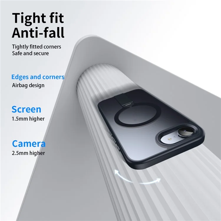 Capa para iPhone 16e Compatível com MagSafe com Suporte Giratório Reto TPU + PC Capa de Celular Fosca - Preto