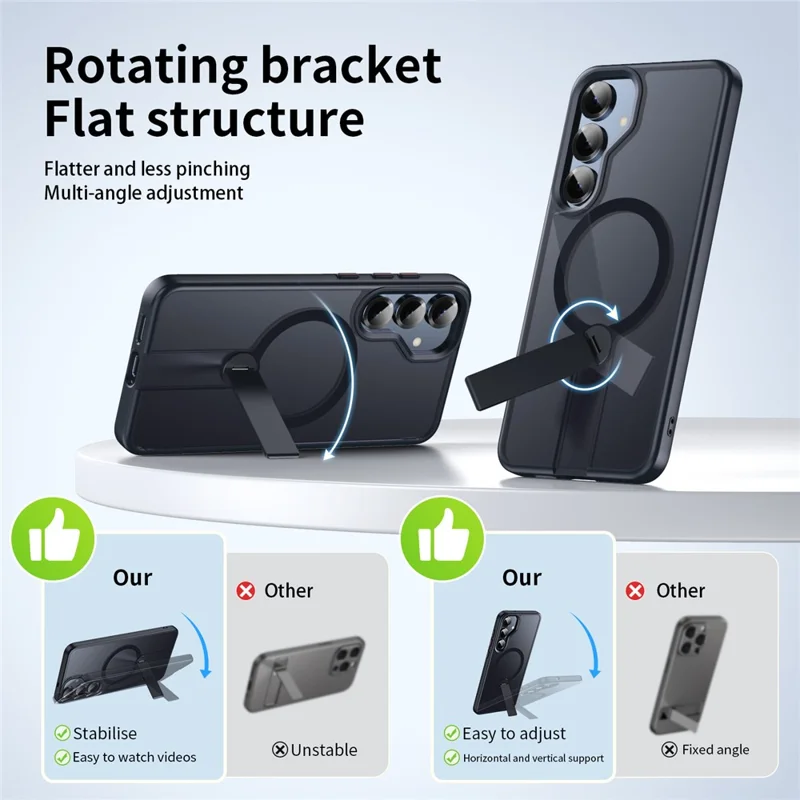 Cover per Samsung Galaxy S25+ Compatibile con MagSafe, Supporto Girevole Dritto, Cover per Telefono TPU + PC Opaca - Nero