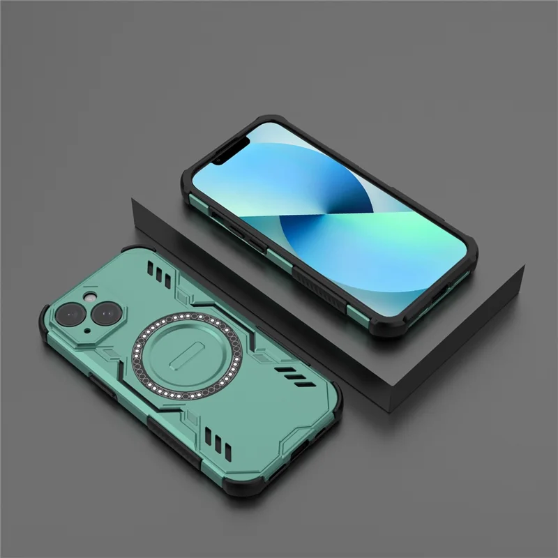 For iPhone 13 Magnetic Case Butterfly Armor Hollow Heat Dissipation PC + TPU Phone Cover - Green