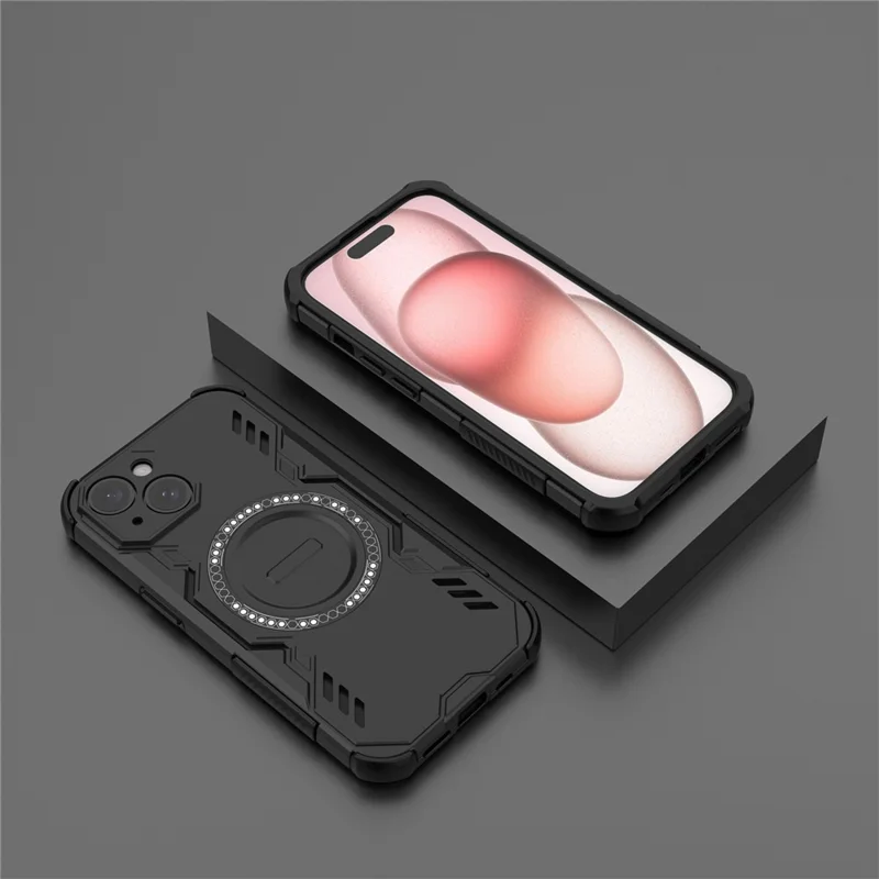 For iPhone 15 Magnetic Case Butterfly Armor Hollow Heat Dissipation PC + TPU Phone Cover - Black