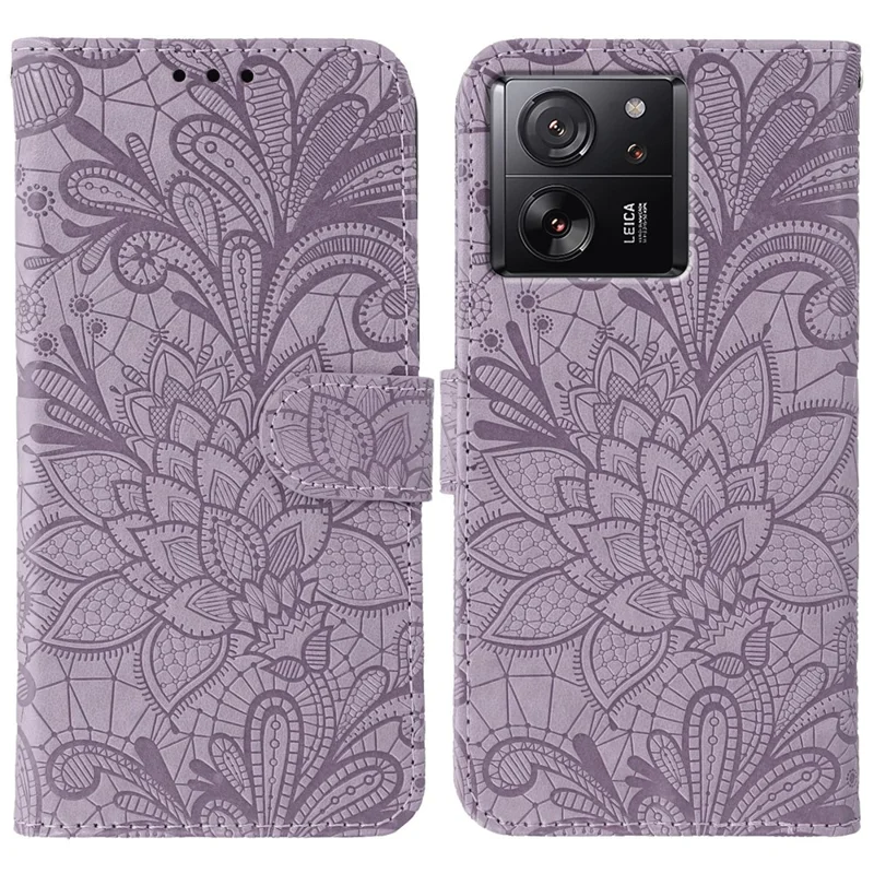 For Xiaomi 13T Pro  /  13T Case Lace Flowers PU Leather Flip Wallet Phone Cover - Purple