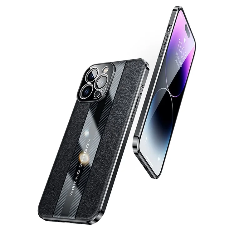 For iPhone 14 Pro Genuine Leather Coated TPU Phone Case Carbon Fiber Texture Camera Protection Anti-Fall Electroplating Cover - Black
