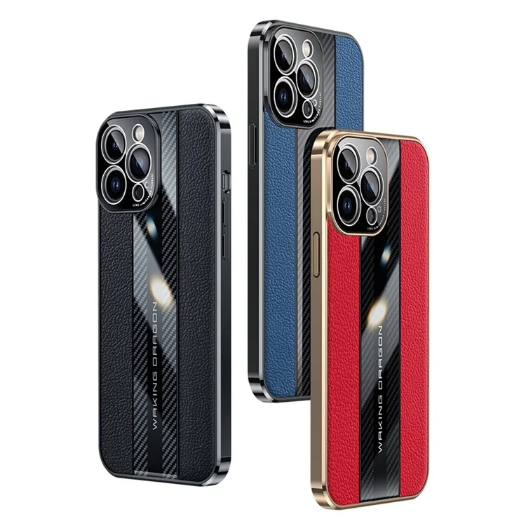 For iPhone 14 Pro Genuine Leather Coated TPU Phone Case Carbon Fiber Texture Camera Protection Anti-Fall Electroplating Cover - Black
