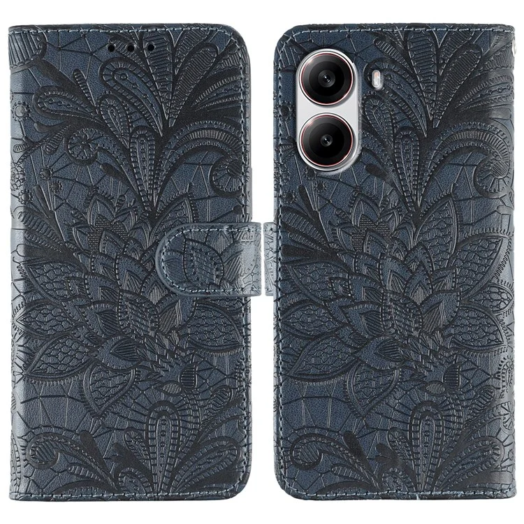 For Xiaomi Poco X7 Pro 5G  /  Redmi Turbo 4 5G Case Lace Flowers PU Leather Flip Wallet Phone Cover - Dark Blue