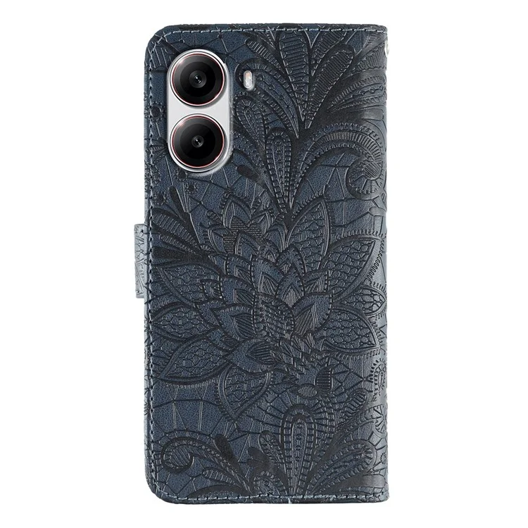 For Xiaomi Poco X7 Pro 5G  /  Redmi Turbo 4 5G Case Lace Flowers PU Leather Flip Wallet Phone Cover - Dark Blue