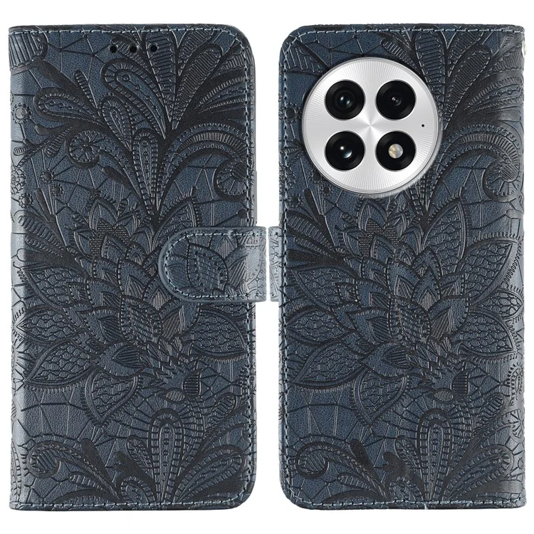 For OnePlus 13 Case Lace Flowers PU Leather Flip Wallet Phone Cover - Dark Blue