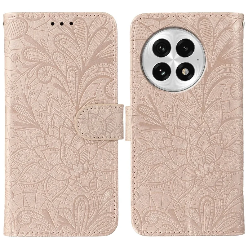 For OnePlus 13 Case Lace Flowers PU Leather Flip Wallet Phone Cover - Rose Gold