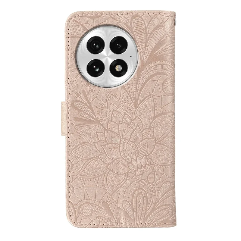 For OnePlus 13 Case Lace Flowers PU Leather Flip Wallet Phone Cover - Rose Gold