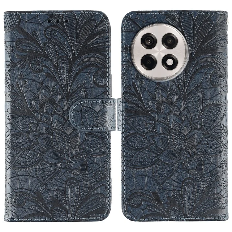 For OnePlus Ace 5 Pro 5G  /  Ace 5 5G  /  13R 5G Case Lace Flowers PU Leather Flip Wallet Phone Cover - Dark Blue