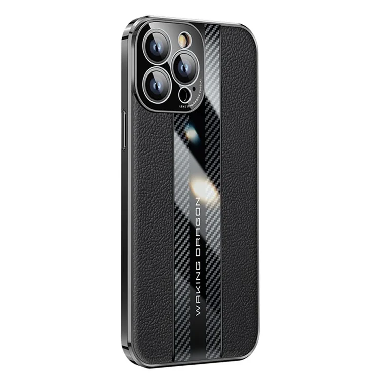 For iPhone 14 Pro Max Carbon Fiber Texture Electroplated Phone Case Genuine Leather Coated TPU Drop Protection Cover - Black