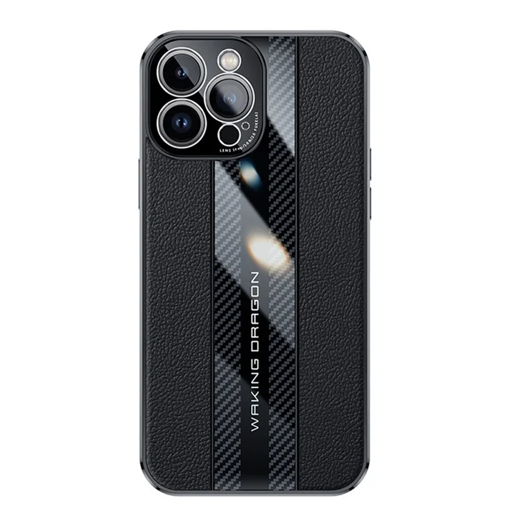 For iPhone 14 Pro Max Carbon Fiber Texture Electroplated Phone Case Genuine Leather Coated TPU Drop Protection Cover - Black