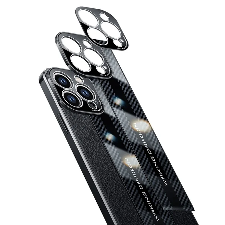 For iPhone 14 Pro Max Carbon Fiber Texture Electroplated Phone Case Genuine Leather Coated TPU Drop Protection Cover - Black