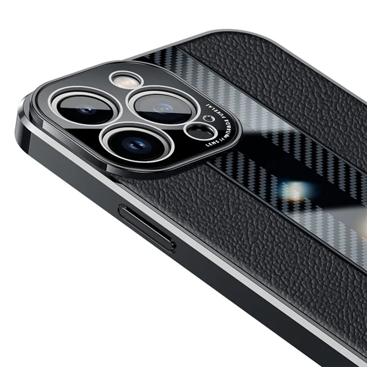 For iPhone 14 Pro Max Carbon Fiber Texture Electroplated Phone Case Genuine Leather Coated TPU Drop Protection Cover - Black