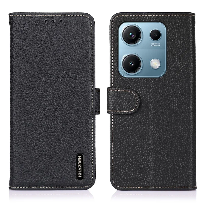 KHAZNEH For Xiaomi Redmi Note 14S 4G Case Genuine Cow Leather Flip Phone Cover - Black