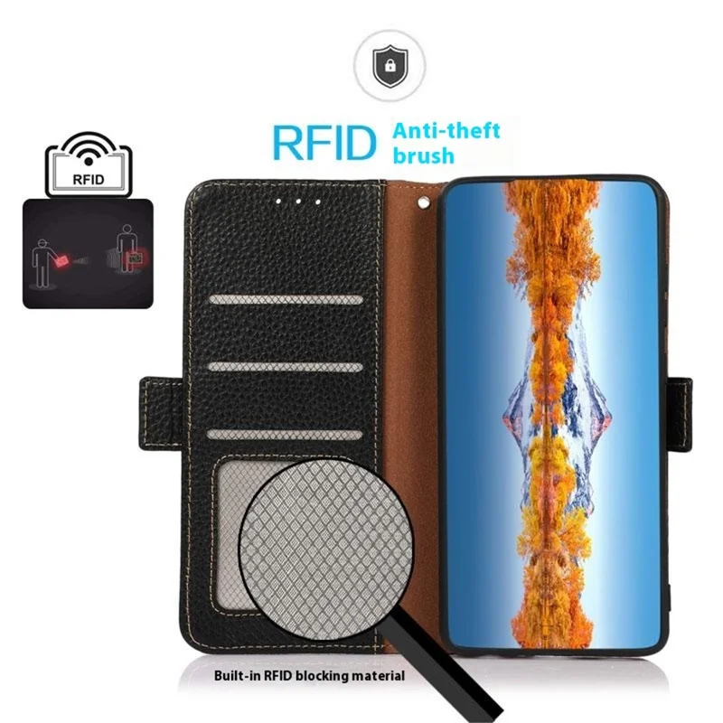 KHAZNEH para Xiaomi Redmi Note 14S 4G Capa de Telefone Couro Genuíno de Vaca Bloqueio RFID - Preto