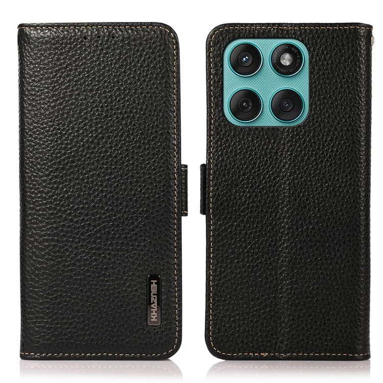 KHAZNEH para Motorola Edge 60 Fusion 5G Capa de Couro Genuíno de Vaca com Bloqueio RFID - Preto
