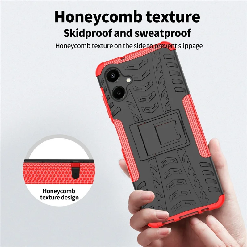 Compra al por mayor para Samsung Galaxy A06 4G / 5G Funda con soporte Patrón de neumático PC + Cubierta de teléfono TPU - Rojo