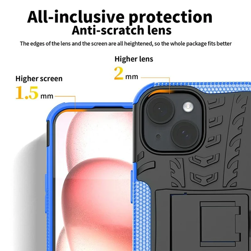 Bulk Purchasing For iPhone 15 Plus Case with Kickstand Tyre Pattern PC + TPU Phone Cover - Blue