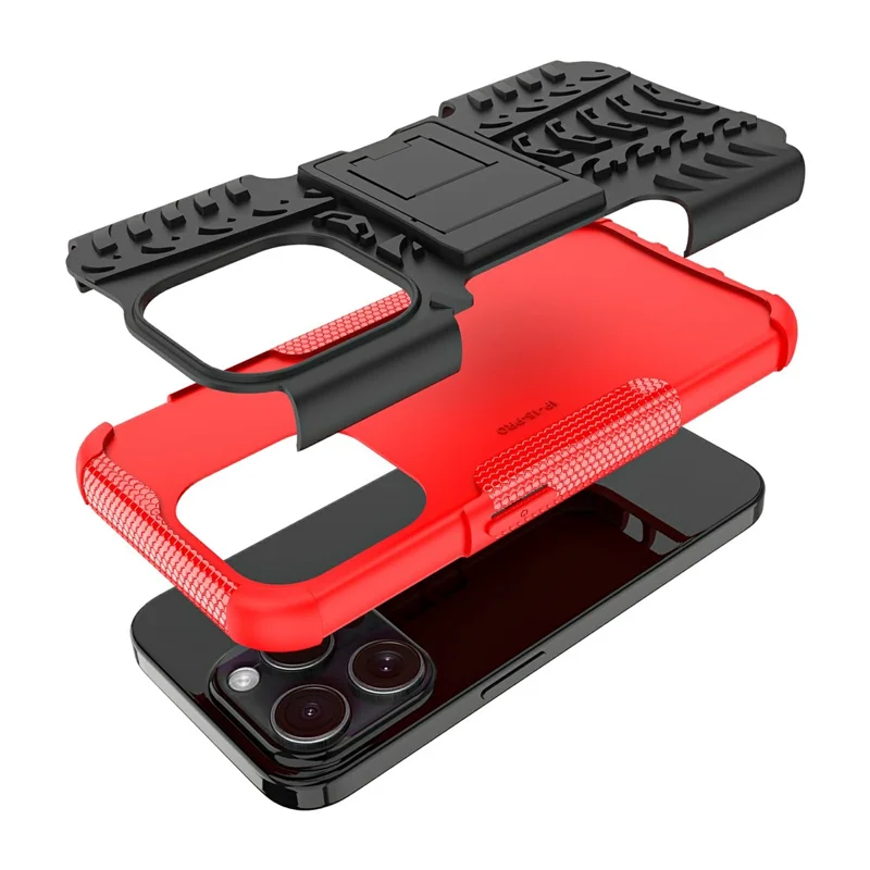 Bulk Purchasing For iPhone 15 Pro Case with Kickstand Tyre Pattern PC + TPU Phone Cover - Red