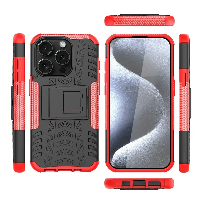 Bulk Purchasing For iPhone 15 Pro Max Case with Kickstand Tyre Pattern PC + TPU Phone Cover - Red