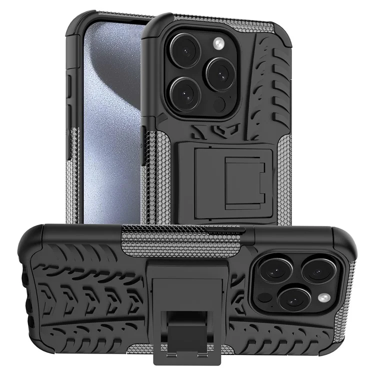 Bulk Purchasing For iPhone 14 Pro Max Case with Kickstand Tyre Pattern PC + TPU Phone Cover - Black
