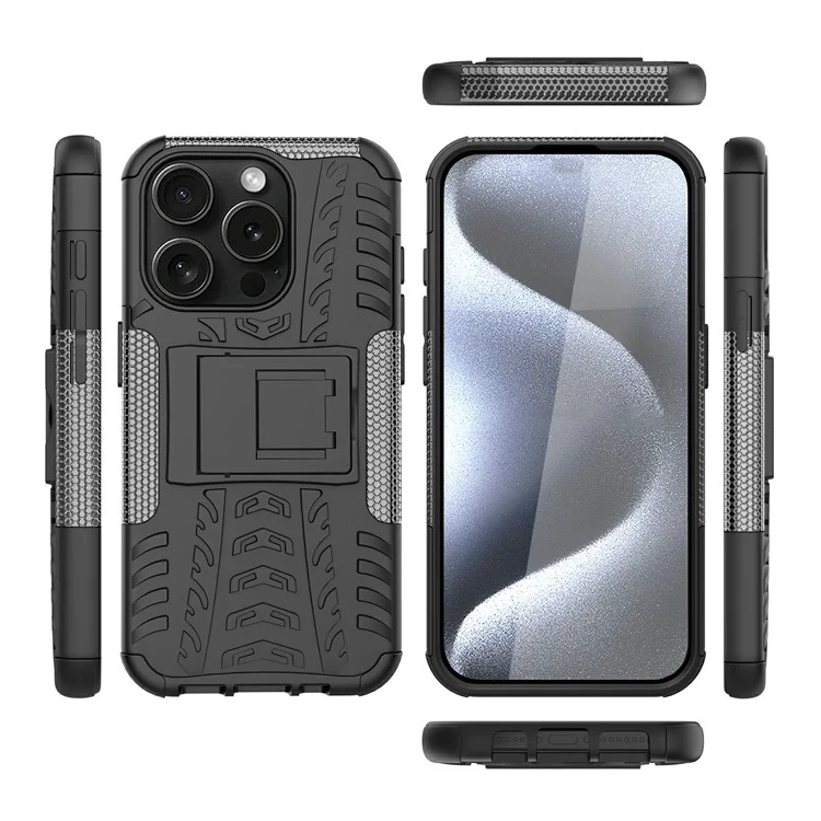 Bulk Purchasing For iPhone 14 Pro Max Case with Kickstand Tyre Pattern PC + TPU Phone Cover - Black