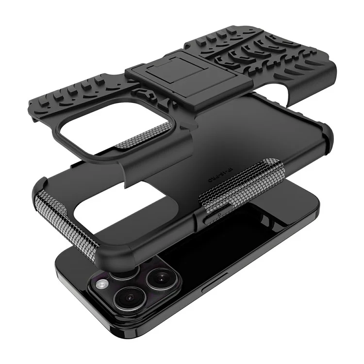 Bulk Purchasing For iPhone 14 Pro Max Case with Kickstand Tyre Pattern PC + TPU Phone Cover - Black
