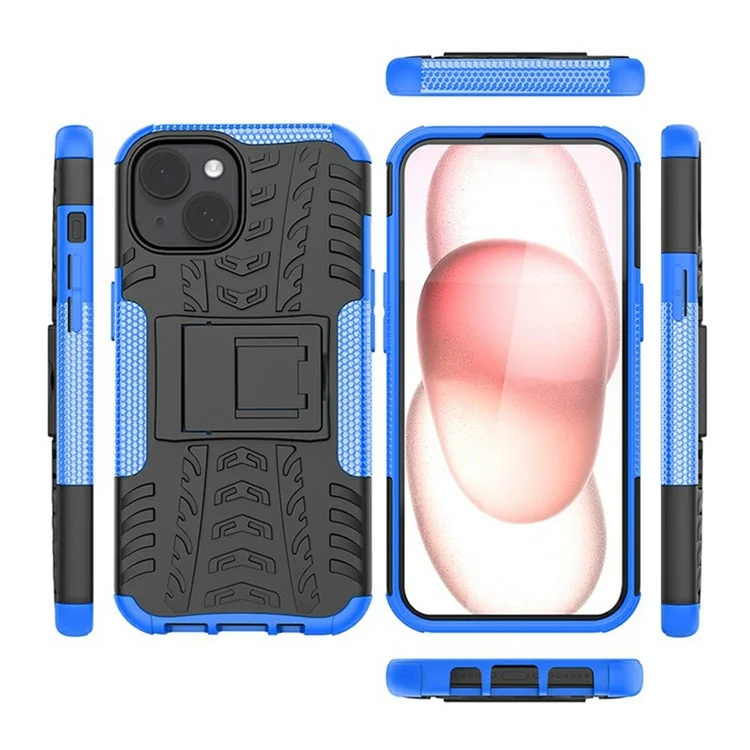 Bulk Purchasing For iPhone 14 Case with Kickstand Tyre Pattern PC + TPU Phone Cover - Blue