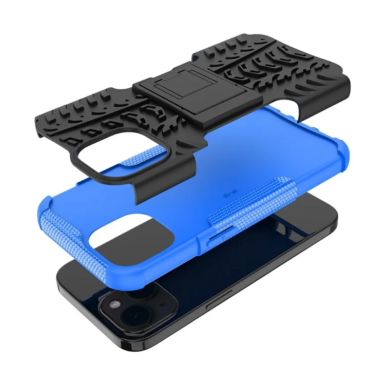 Bulk Purchasing For iPhone 14 Case with Kickstand Tyre Pattern PC + TPU Phone Cover - Blue